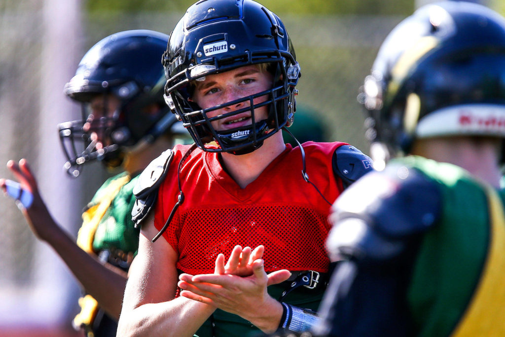 Marysville Getchell’s Josiah Koellmer applaud a receiver’s effort during practice on Spet. 25, 2019, at Marysville Getchell High School. (Kevin Clark / The Herald)
