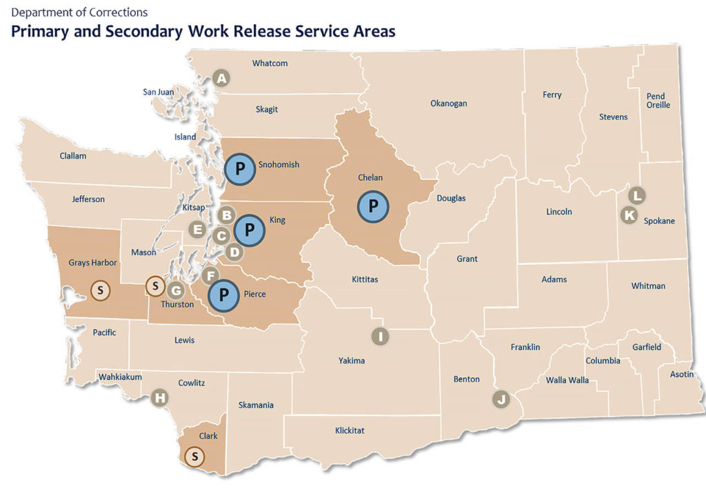 This map shows primary and secondary work release service areas. (Washington State Department of Corrections)
