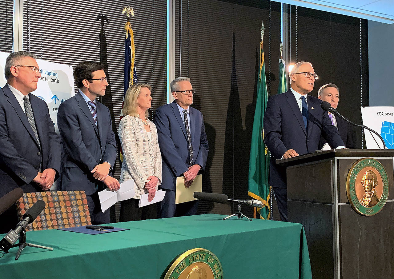 From L to R: Liquor and Cannabis Board Director Rick Garza, Attorney General Bob Ferguson, Sen. Patty Kuderer, Washington State Dept. of Health Secretary John Wiesman and Gov, Jay Inslee speak at a Seattle press conference about changes to how the state regulates the vaping industry in light of a recent health crisis Friday. (Office of the Governor photo)