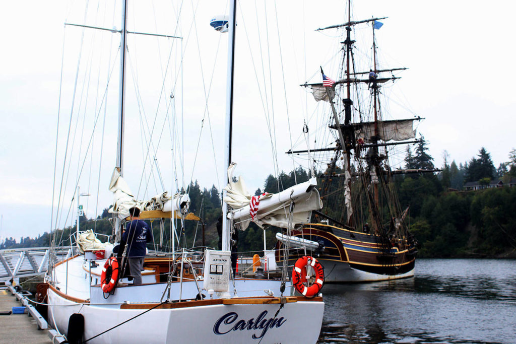 The Carlyn scientific research vessel and Lady Washington historic “tall ship” await students from South Whidbey Elementary school at the Langley harbor. (Wendy Leigh / South Whidbey Record)
