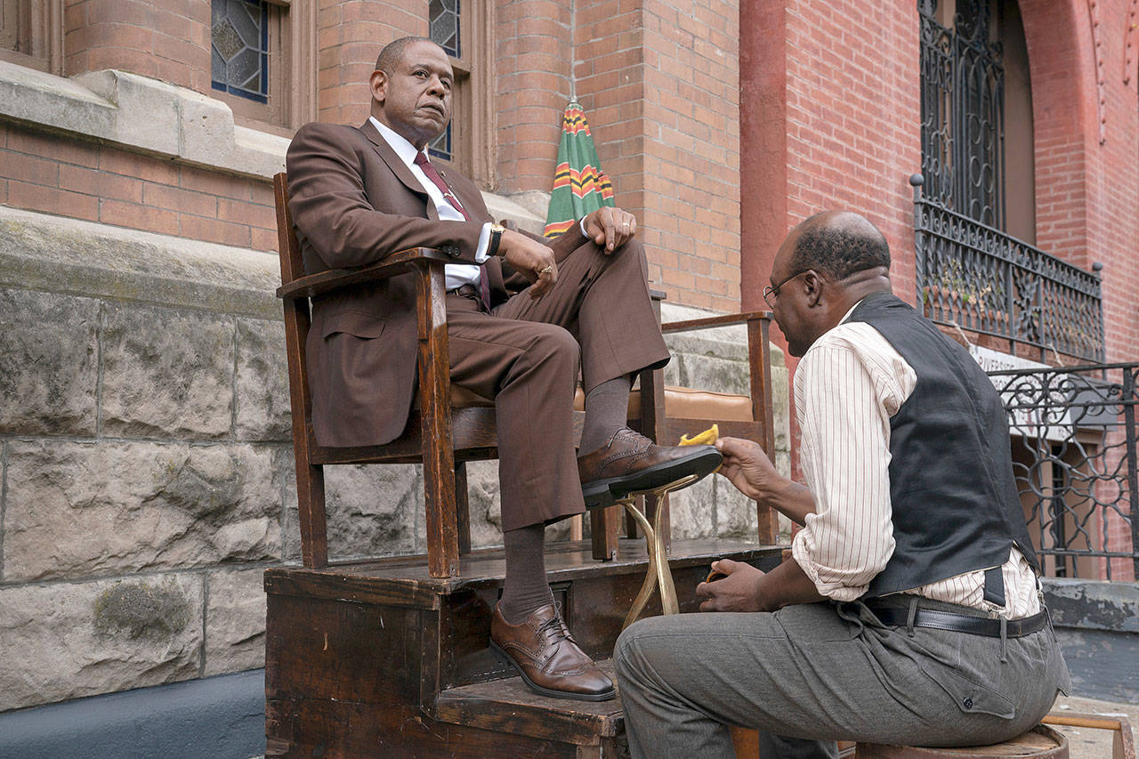 This image released by Epix shows Forest Whitaker as Bumpy Johnson in a scene from “Godfather of Harlem.” (David Lee/Epix via AP)