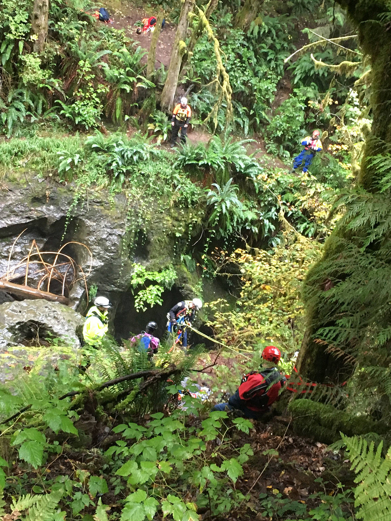 A technical rescue team hoisted a man in critical condition out of a creek Saturday south of Sultan. (Courtesy of Fire District 7)