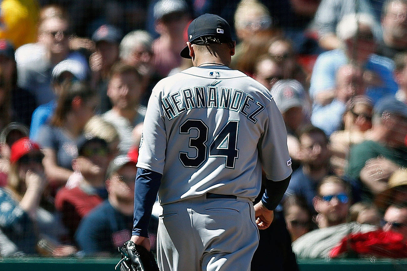 Seattle Mariners pitcher Felix Hernandez walks off the field after being relieved during the third inning of a baseball game against the Boston Red Sox in Boston, Saturday, May 11, 2019. (AP Photo/Michael Dwyer)