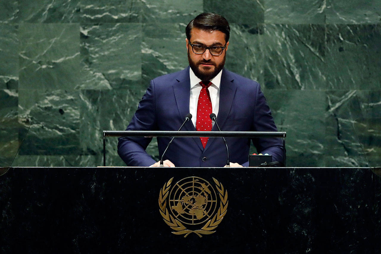 Afghanistan’s National Security Adviser Hamdullah Mohib addresses the 74th session of the United Nations General Assembly on Monday. (AP Photo/Richard Drew)