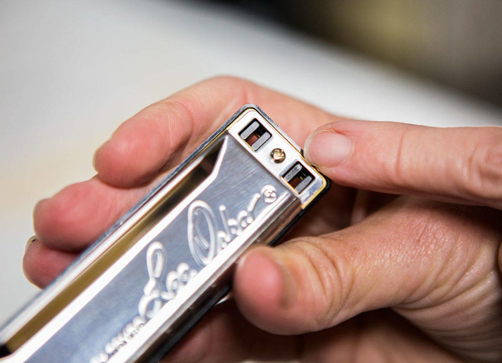 A small removable screw allows for reed plates to be replaced in a Lee Oskar Harmonica. (Olivia Vanni / The Herald)
