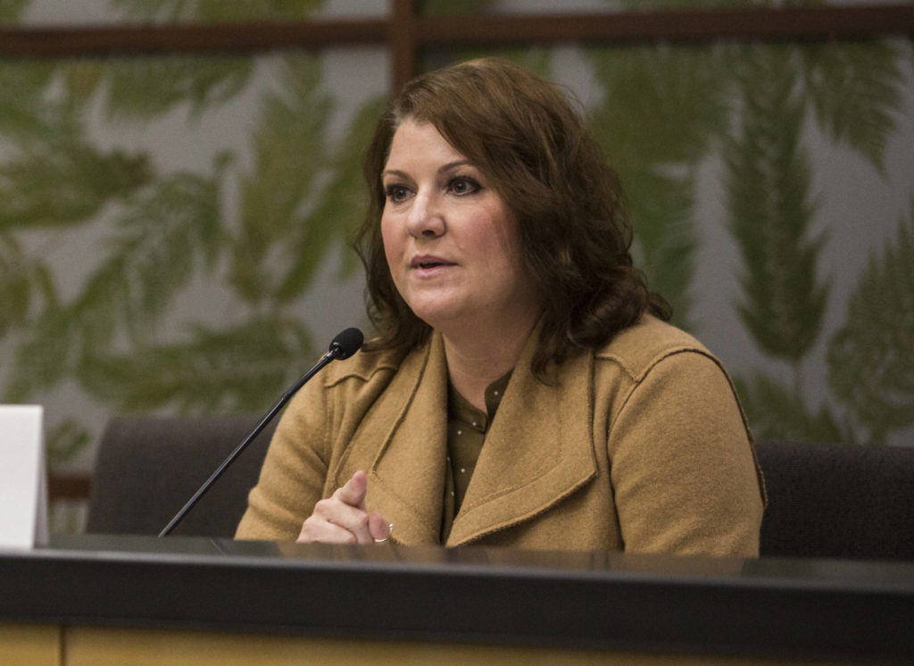 Snohomish County District 2 candidate Anna Rohrbough speaks at a League of Women Voters candidate forum at the Snohomish County campus on Oct. 7 in Everett. (Olivia Vanni / The Herald)
