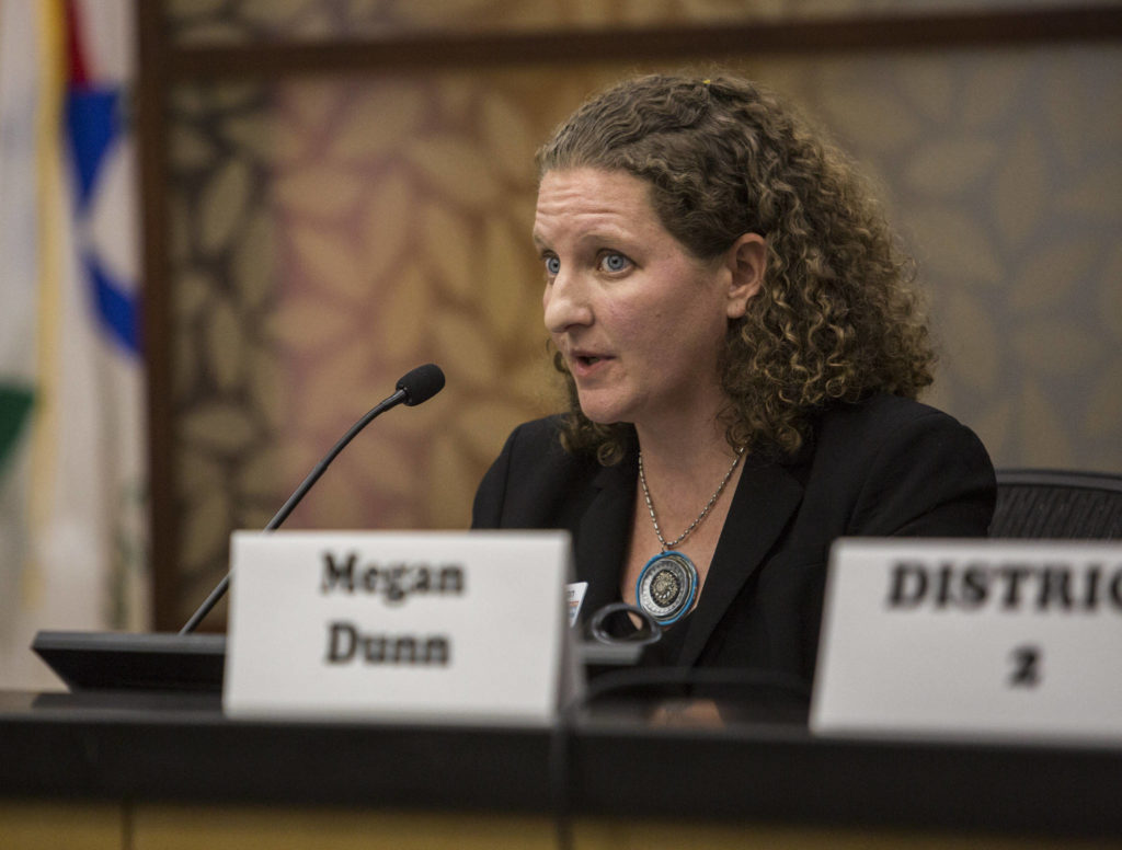 Snohomish County District 2 candidate Megan Dunn speaks at a League of Women Voters candidate forum at the Snohomish County campus on Oct. 7 in Everett. (Olivia Vanni / The Herald)
