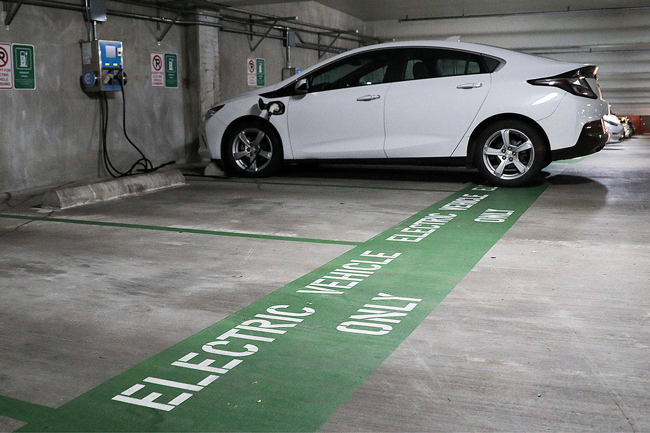 At the Snohomish County Parking Garage in downtown Everett, electric vehicles can get a charge. It’s one of several public charging stations in the county. (Lizz Giordano / The Herald)
