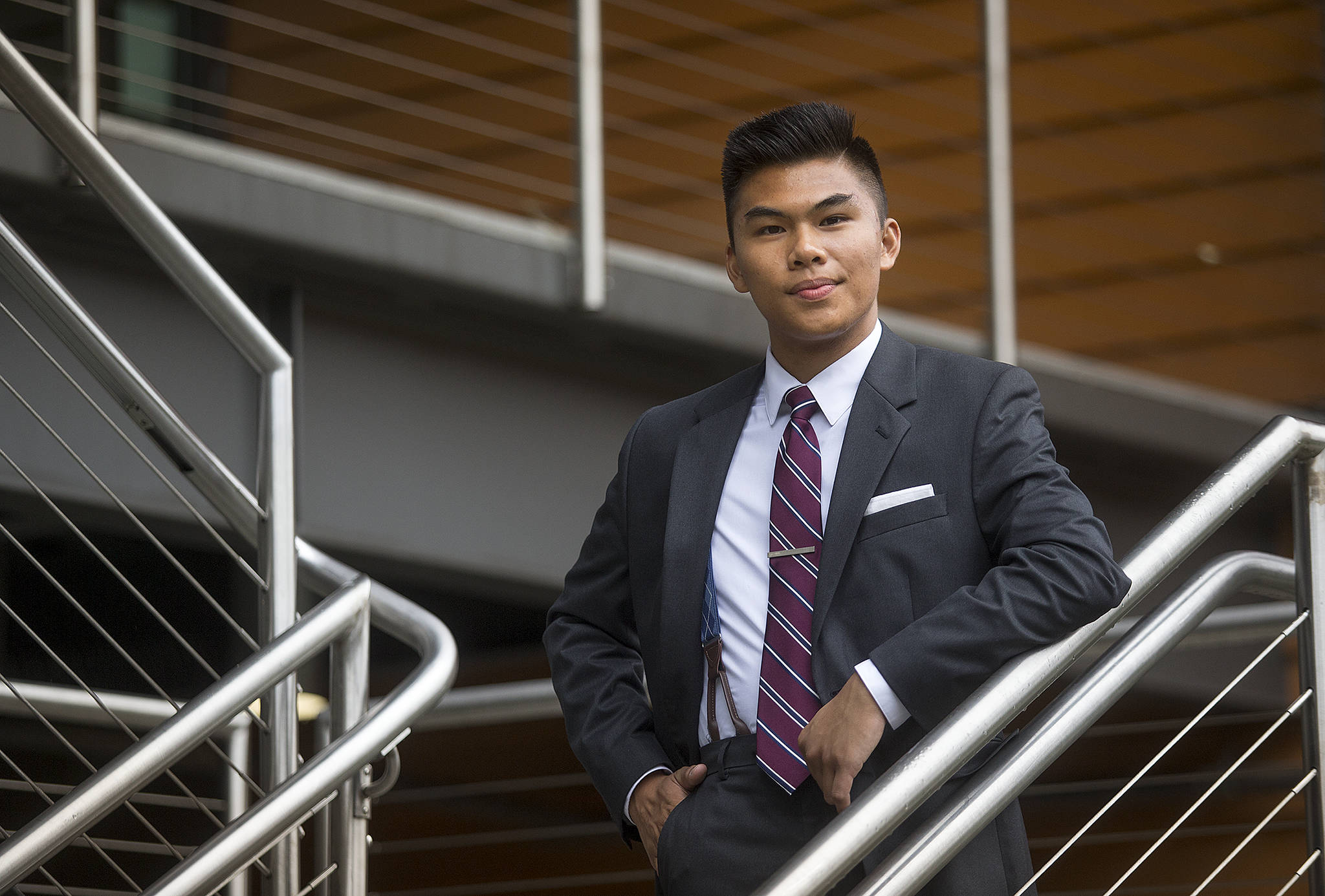 Marysville Getchell senior Joseph Gabriel Ecolango prefers to wears suits to school. (Andy Bronson / The Herald)