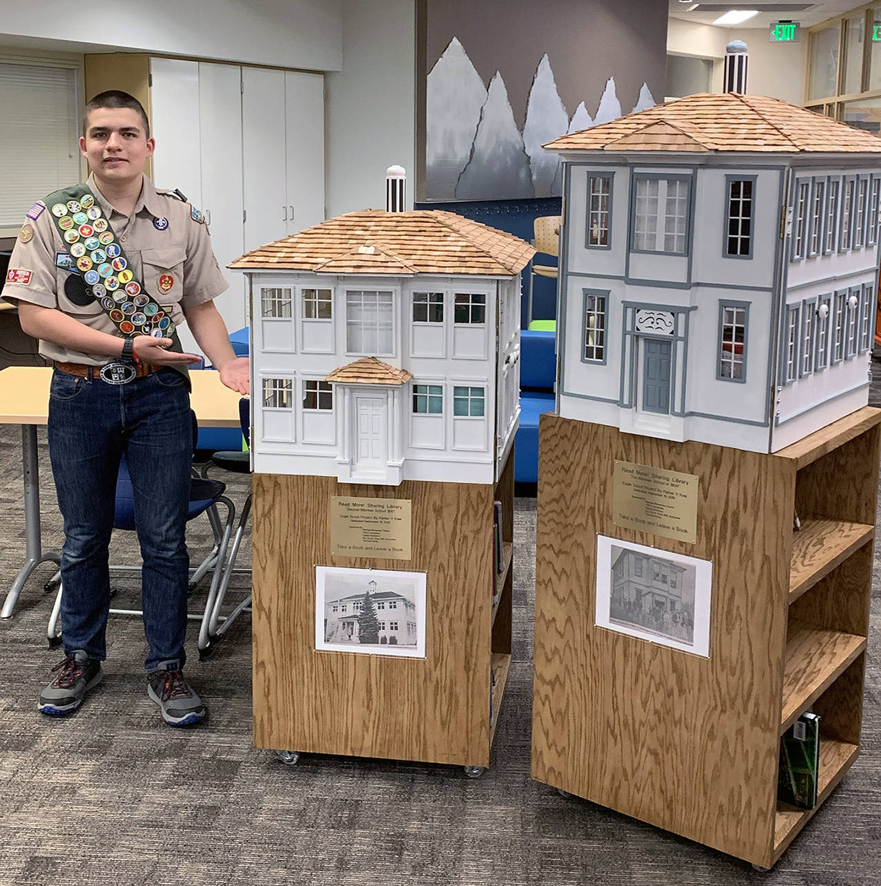 Eagle Scout candidate Parker Kee presented his “Read More!” Sharing Libraries to Machias Elementary School staff and teachers. (Submitted photo)