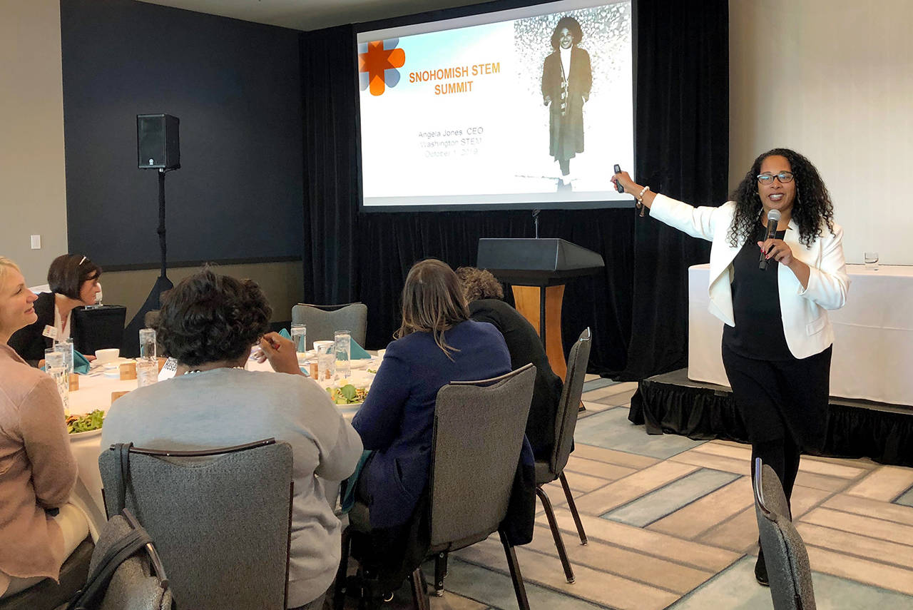 Angela Jones, CEO of Washington STEM, gives the keynote address at the STEM Summit, sponsored by Economic Alliance Snohomish County and Workforce Snohomish. (Janice Podsada / The Herald)