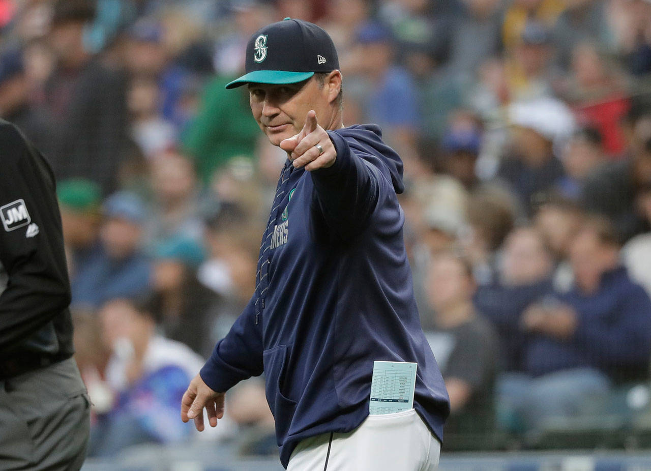 Mariners manager Scott Servais gestures on the field during a game against the Angeles on July 19, 2019, in Seattle. (AP Photo/Ted S. Warren)