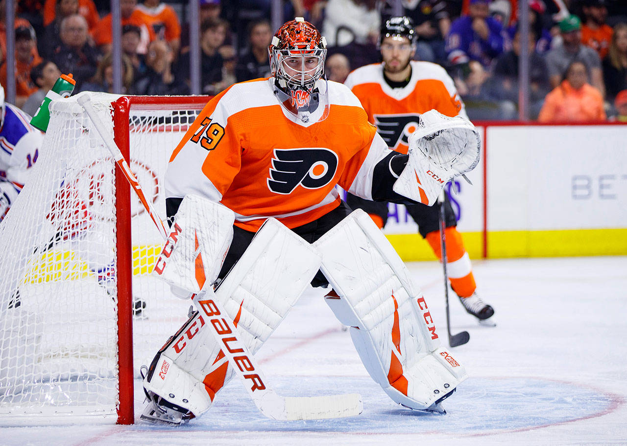 The Flyers’ Carter Hart, a former Everett Silvertip, in action during the first period of a preseason game against the Rangers on Sept. 21, 2019, in Philadelphia. (AP Photo/Chris Szagola)