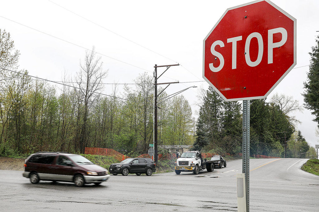 The installation of a roundabout at Highway 9 and 108th Street NE in north Marysville was supposed to be completed this year, but inclement weather is delaying completion until next year. (Lizz Giordano / The Herald)
