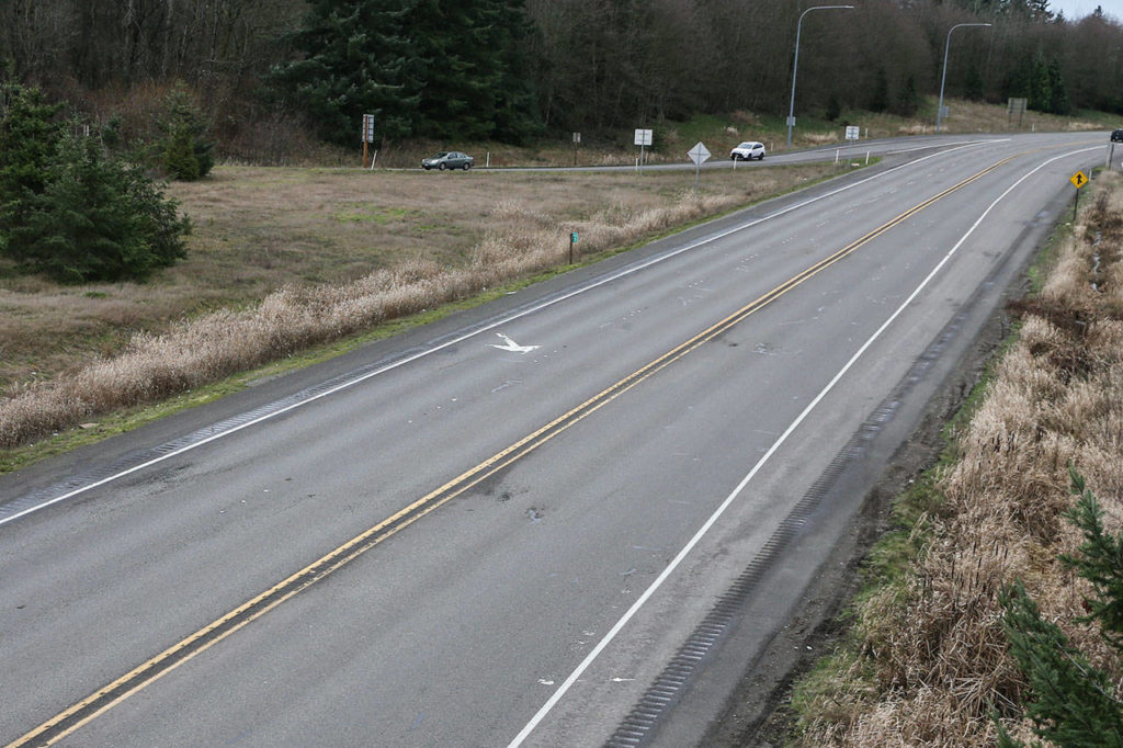 Median barriers between eastbound and westbound lanes, as seen here Jan. 8 from the Highway 9 overpass, were installed along a stretch of U.S. 2 from Bickford Avenue near Snohomish to Monroe. (Kevin Clark / Herald file)
