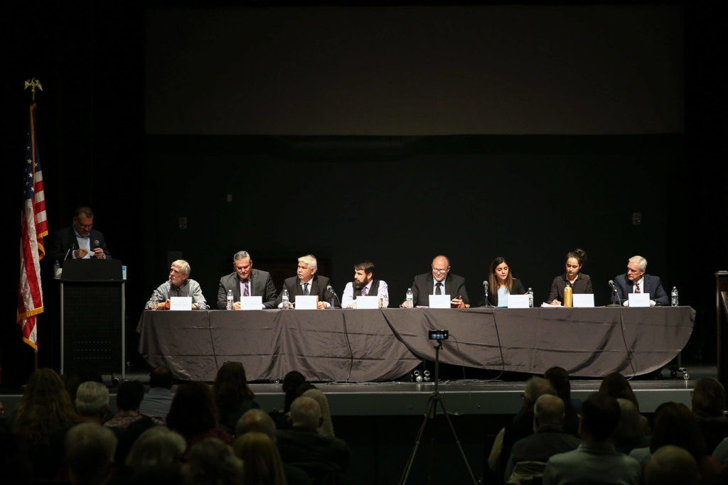 Candidates make their case for election during the forum Wednesday evening at Rosehill Community Center in Mukilteo. (Kevin Clark / The Herald)
