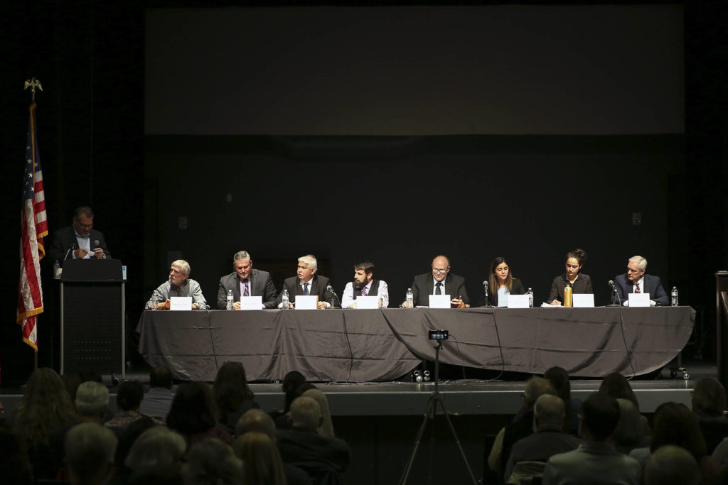 Candidates make their case for election during the forum Wednesday evening at Rosehill Community Center in Mukilteo. (Kevin Clark / The Herald)
