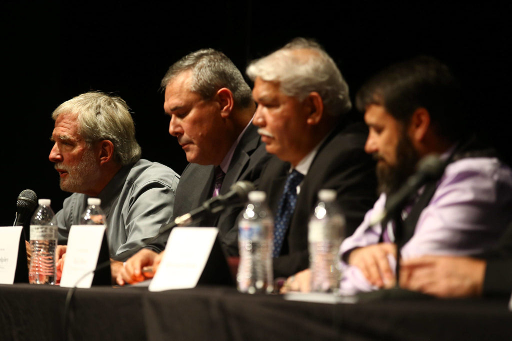 Candidates make their case for election during the forum Wednesday evening at Rosehill Community Center in Mukilteo. (Kevin Clark / The Herald)
