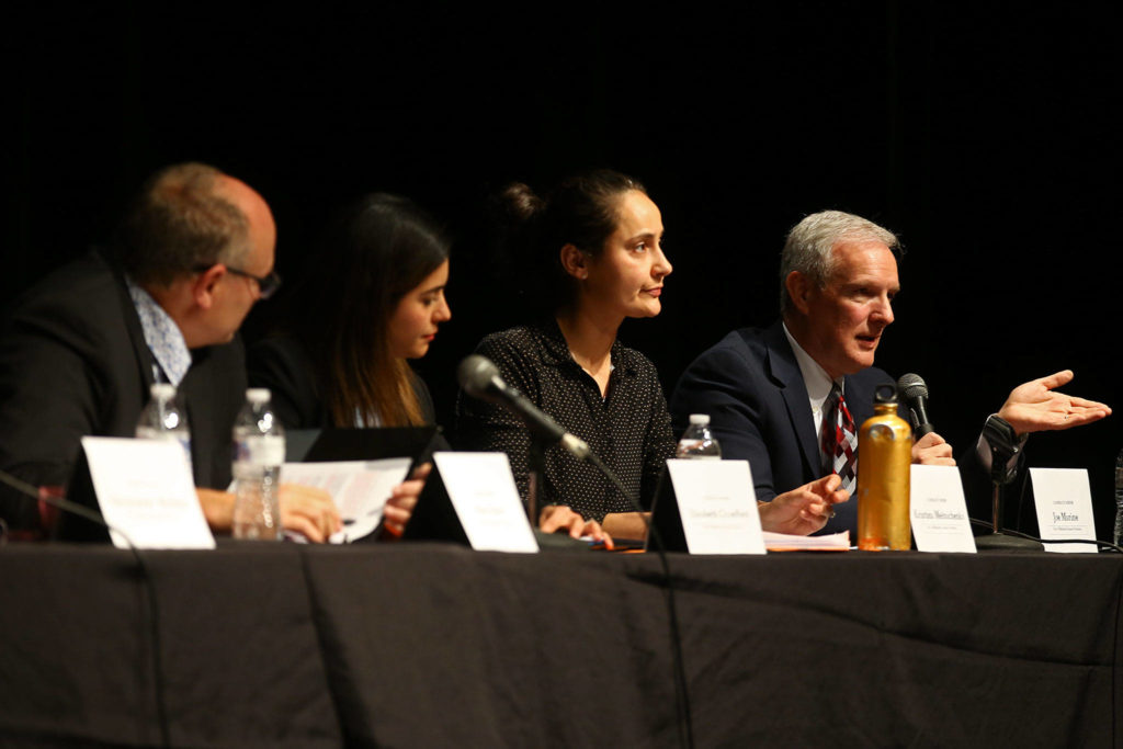 Candidates make their case for election during the forum Wednesday evening at Rosehill Community Center in Mukilteo. (Kevin Clark / The Herald)
