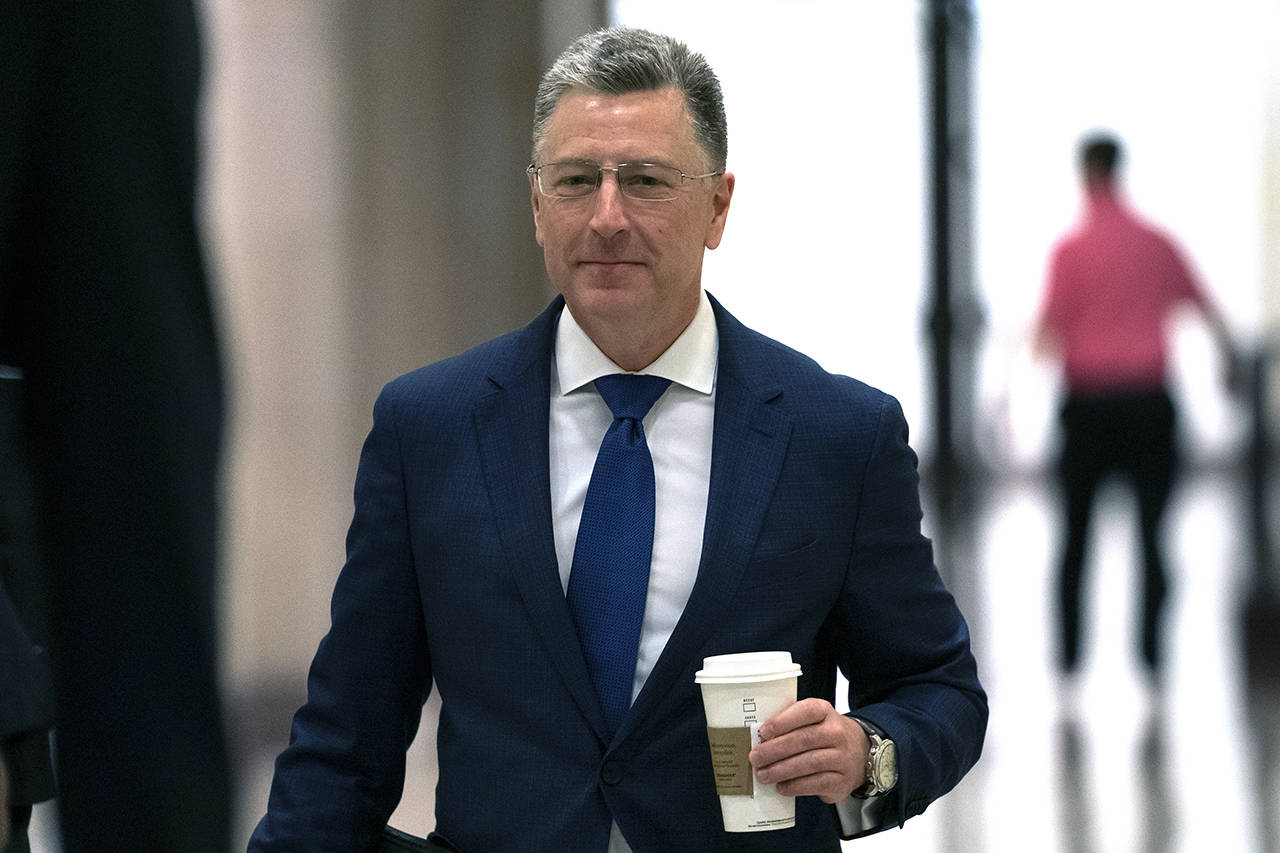 Kurt Volker, a former special envoy to Ukraine, arrives for a closed-door interview with House investigators, as House Democrats proceed with the impeachment inquiry of President Donald Trump, at the Capitol in Washington on Thursday. (AP Photo/J. Scott Applewhite)