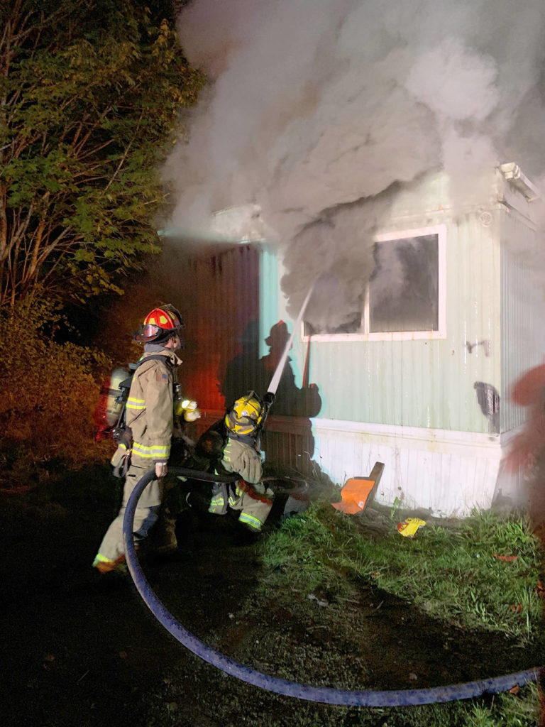 Crews respond to a fire that destroyed a mobile home in Marysville on Thursday morning. (Marysville Fire District)
