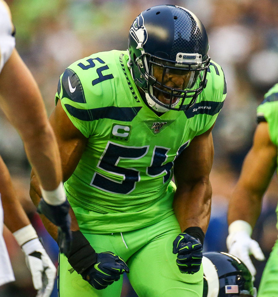 Seattle’s Bobby Wagner celebrates making a tackle during the Seahawks’ 30-29 win over the L.A. Rams Thursday at CenturyLink Field in Seattle. (Kevin Clark / The Herald)
