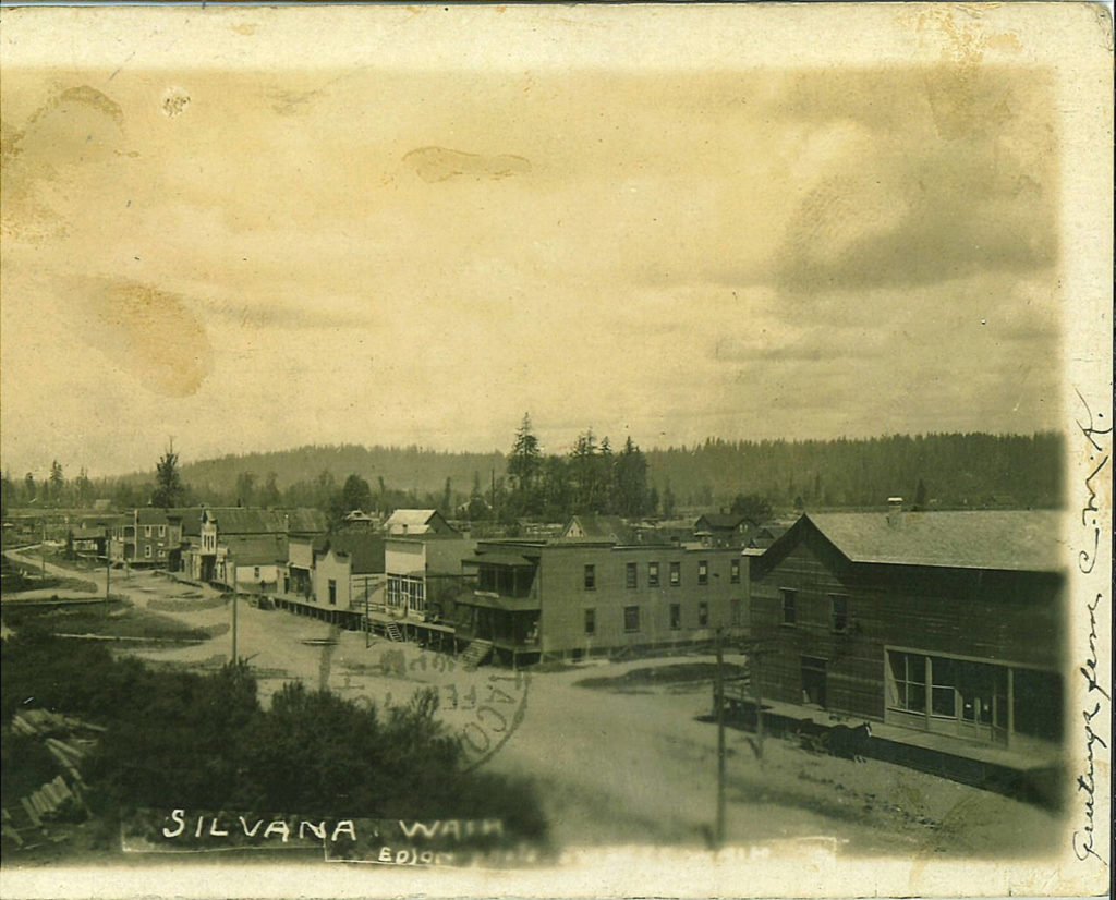 This undated photo shows what is now Pioneer Highway in Silvana. The second building from the left is where Viking Hall is now. (Robin Monson Sather)
