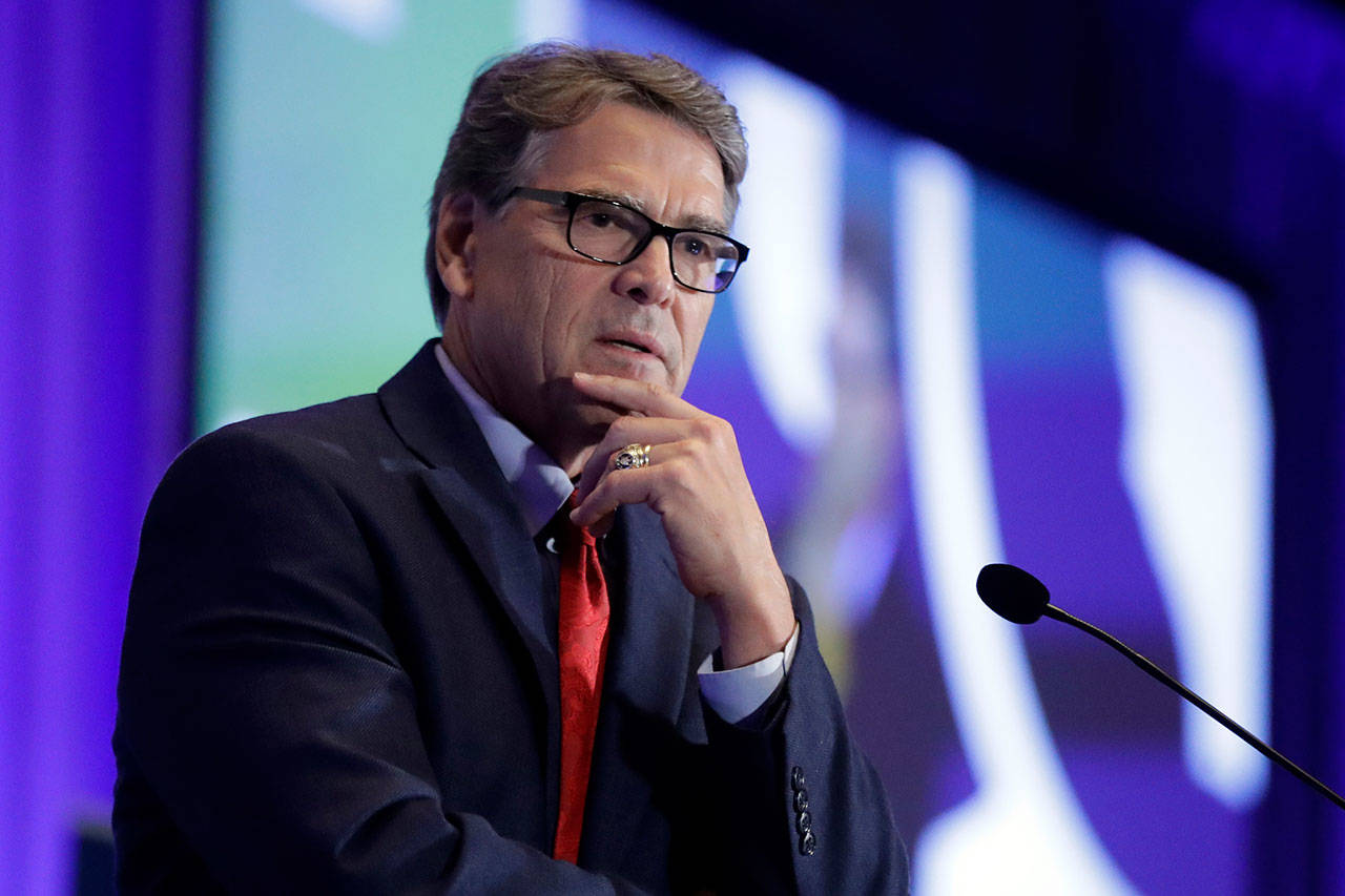 Energy Secretary Rick Perry speaks at the California GOP fall convention in Indian Wells, California, on Sept. 6. Perry reportedly pushed Ukraine’s president earlier in 2019 to replace members of a key supervisory board at Naftogaz, a massive state-owned petroleum company. (AP Photo/Chris Carlson, File)