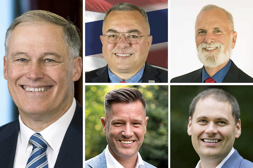 Jay Inslee (left) is facing four challengers for governor so far. They are (top L-R) Loren Culp, Phil Fortunato, (bottom L-R) Joshua Freed and Anton Sakharov.
