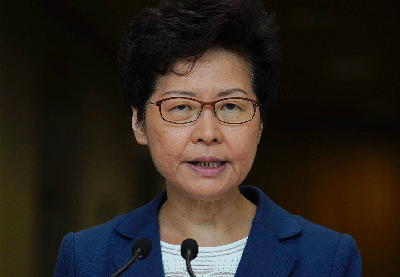 Hong Kong Chief Executive Carrie Lam speaks during a press conference Tuesday in Hong Kong. (AP Photo/Vincent Yu)