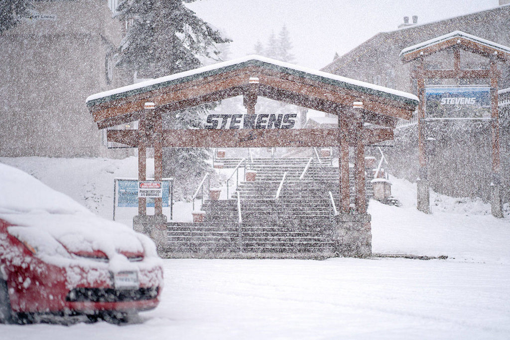 Flurries moved through Stevens Pass on Tuesday. The weather was expected to dry out by Wednesday. (Stevens Pass)
