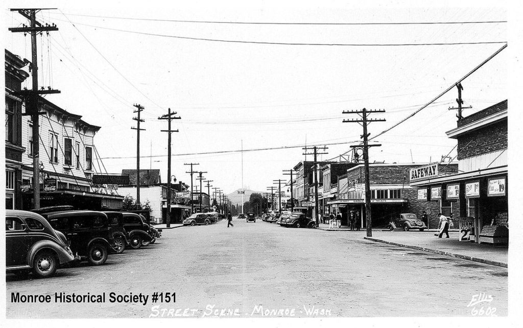 A photo taken of Monroe’s Main Street in 1937 shows the Avalon Theater on the north side of the street. (Monroe Historical Society)
