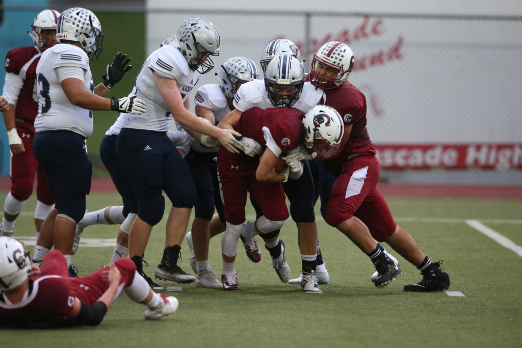 After shutting down Cascade’s high-powered Wing-T rushing attack last week, Glacier Peak still hasn’t allowed more than 14 points in a game this season. (Andy Bronson / The Herald)
