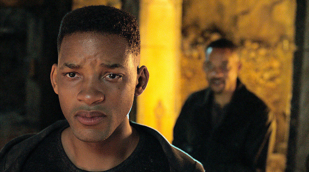 Will Smith portrays his younger clone, in the foreground, and assassin Henry Brogan in the Ang Lee film “Gemini Man.” (Paramount Pictures)
