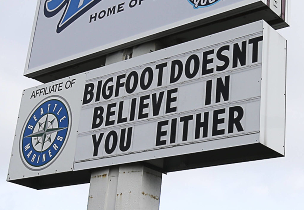 To spice up the &lsquo;boring&rsquo; season, AquaSox employees have begun putting funny sayings on the team&rsquo;s billboard outside Funko Field in Everett. (Andy Bronson / The Herald)
