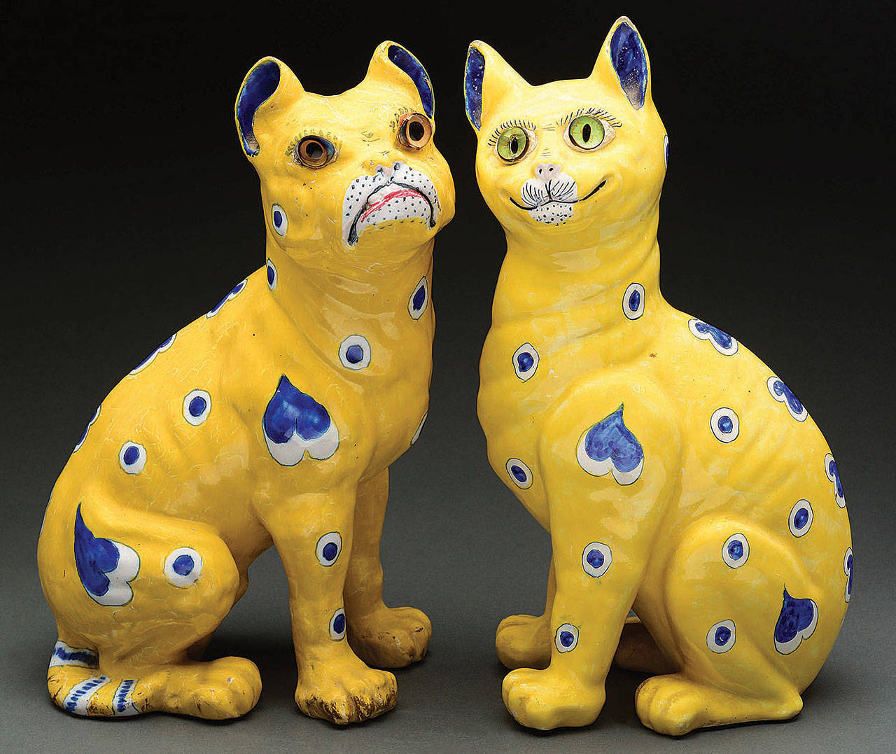 Emile Galle was a famous French artist who is best known for cameo glass vases. He also made important furniture and pottery that delights today’s collectors. These faience figurines, a bulldog and a cat, sold at auction as a pair for $1,470. Every cat has a silly grin and glass eyes, so they are easy to recognize. (Cowles Syndicate Inc.)