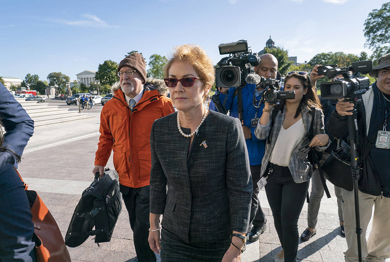 Former U.S. ambassador to Ukraine Marie Yovanovitch arrives on Capitol Hill on Friday. (AP Photo/J. Scott Applewhite)