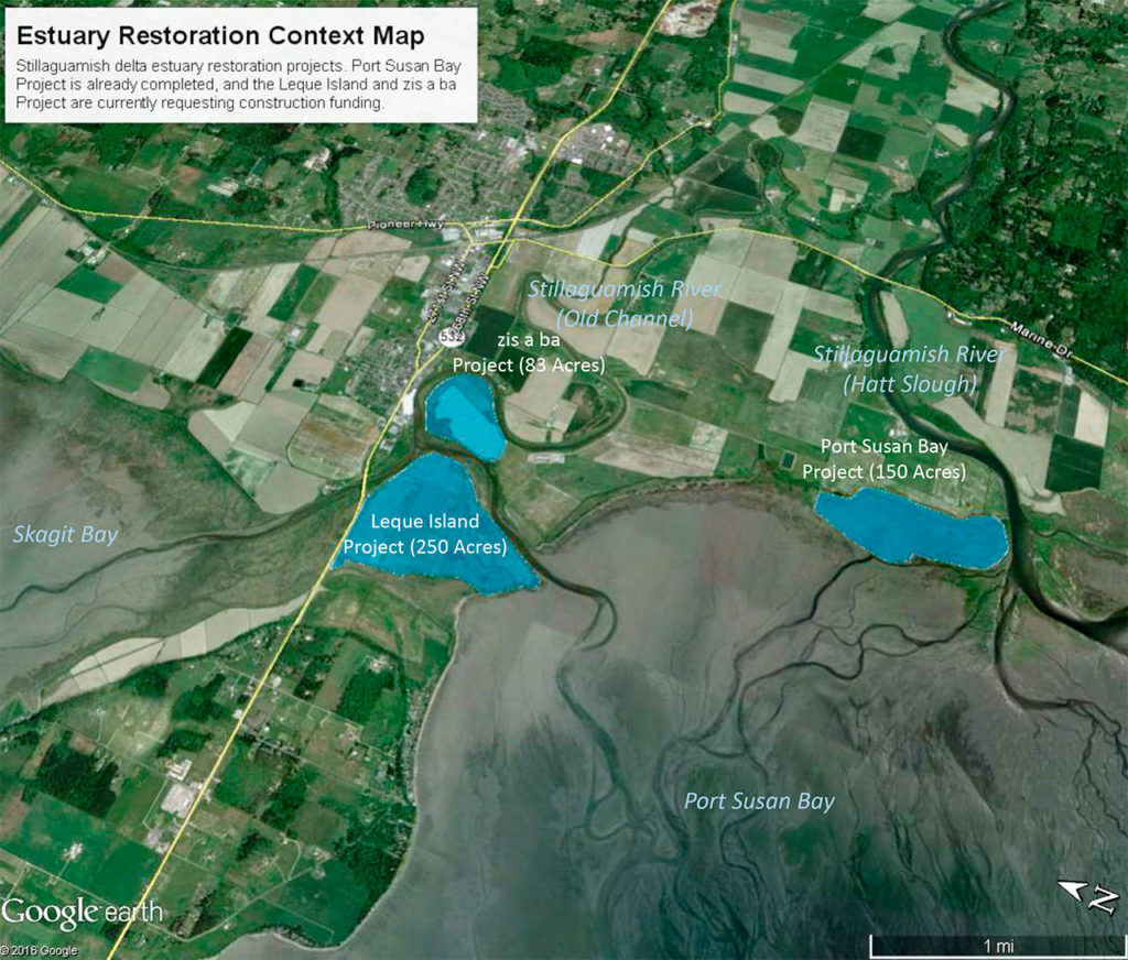 Restoration projects near Stanwood, Washington, including Leque Island. (Washington Department of Fish and Wildlife) 
