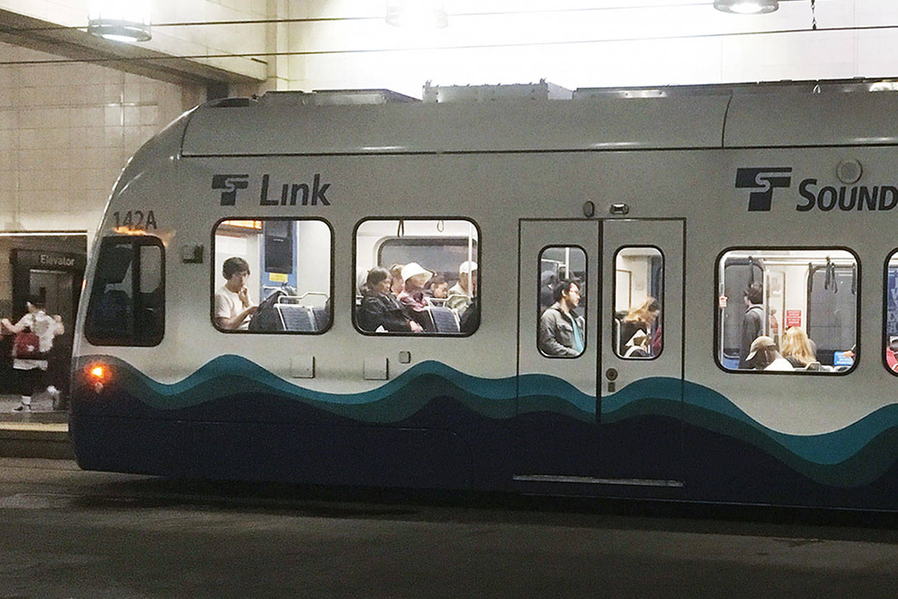 A Sound Transit train arrives at Westlake Station in downtown Seattle. (Sue Misao / Herald file) May 2019