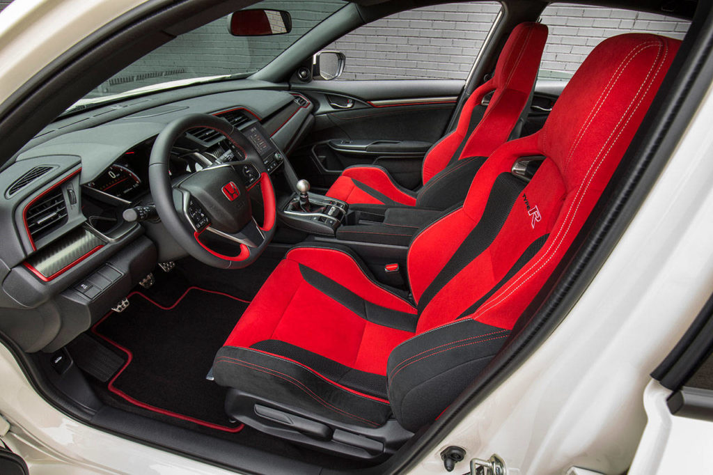 Bright red sport seats match the flamboyant exterior styling of the 2019 Honda Civic Type R. (Manufacturer photo)
