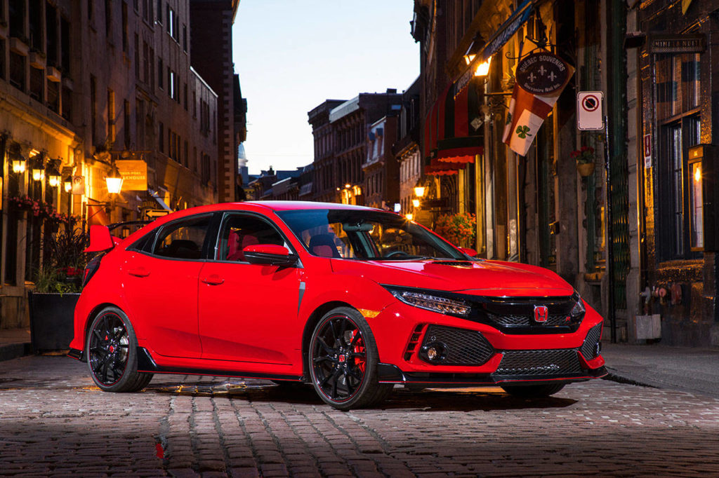 The 2019 Honda Civic Type R has front-wheel drive, a 306-horsepower turbo four cylinder engine, and a six-speed manual transmission. (Manufacturer photo)
