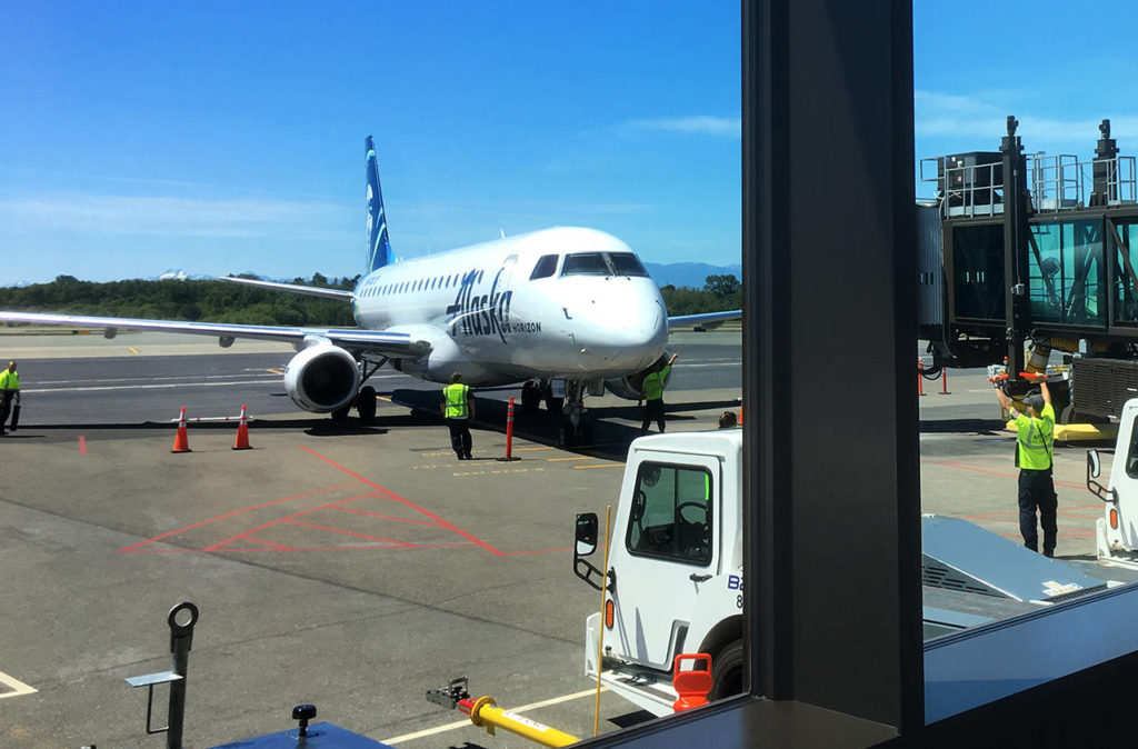 An Alaska Airlines plane pulls up to the gate at Paine Field this summer. (Sue Misao / Herald file)
