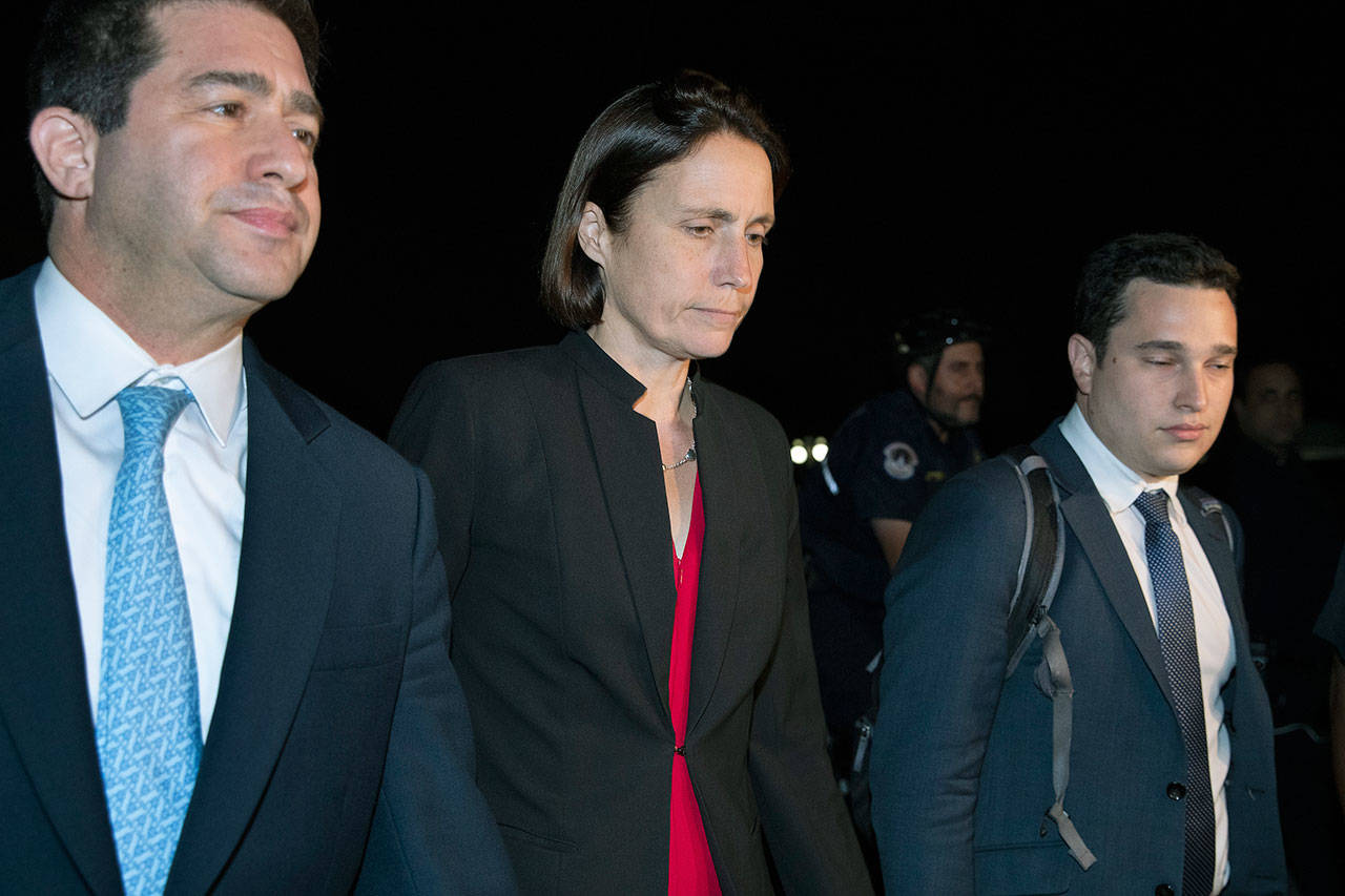 Fiona Hill, a former White House adviser on Russia, leaves Capitol Hill on Monday after testifying before congressional lawmakers as part of the House impeachment inquiry into President Donald Trump. (AP Photo/Manuel Balce Ceneta)