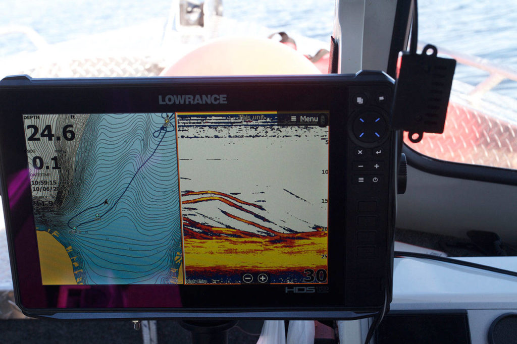 The split screen display on the right of this fish finder shows good numbers of perch. (Mike Benbow photo)
