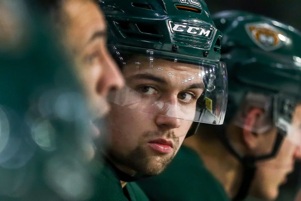 New Silvertips forward Cole Fonstad practices with the team Tuesday afternoon at Angel of the Winds Arena in Everett. (Kevin Clark / The Herald)
