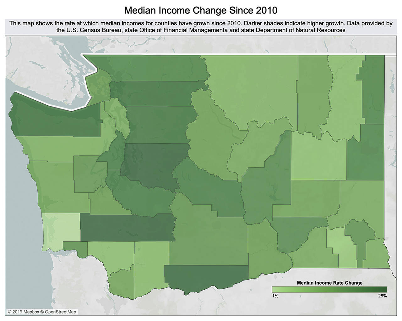 Washington state median income growth map from least amount (lightest) to the most.