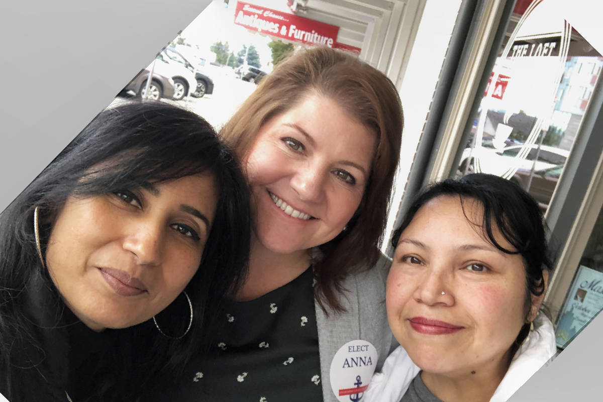 Anna Rohrbough (centre), the Republican candidate for the District 2 position on Snohomish County Council, poses for a photo with supporters Anita Azariah, left, and Barbara Coleman. The election happens Nov. 4.