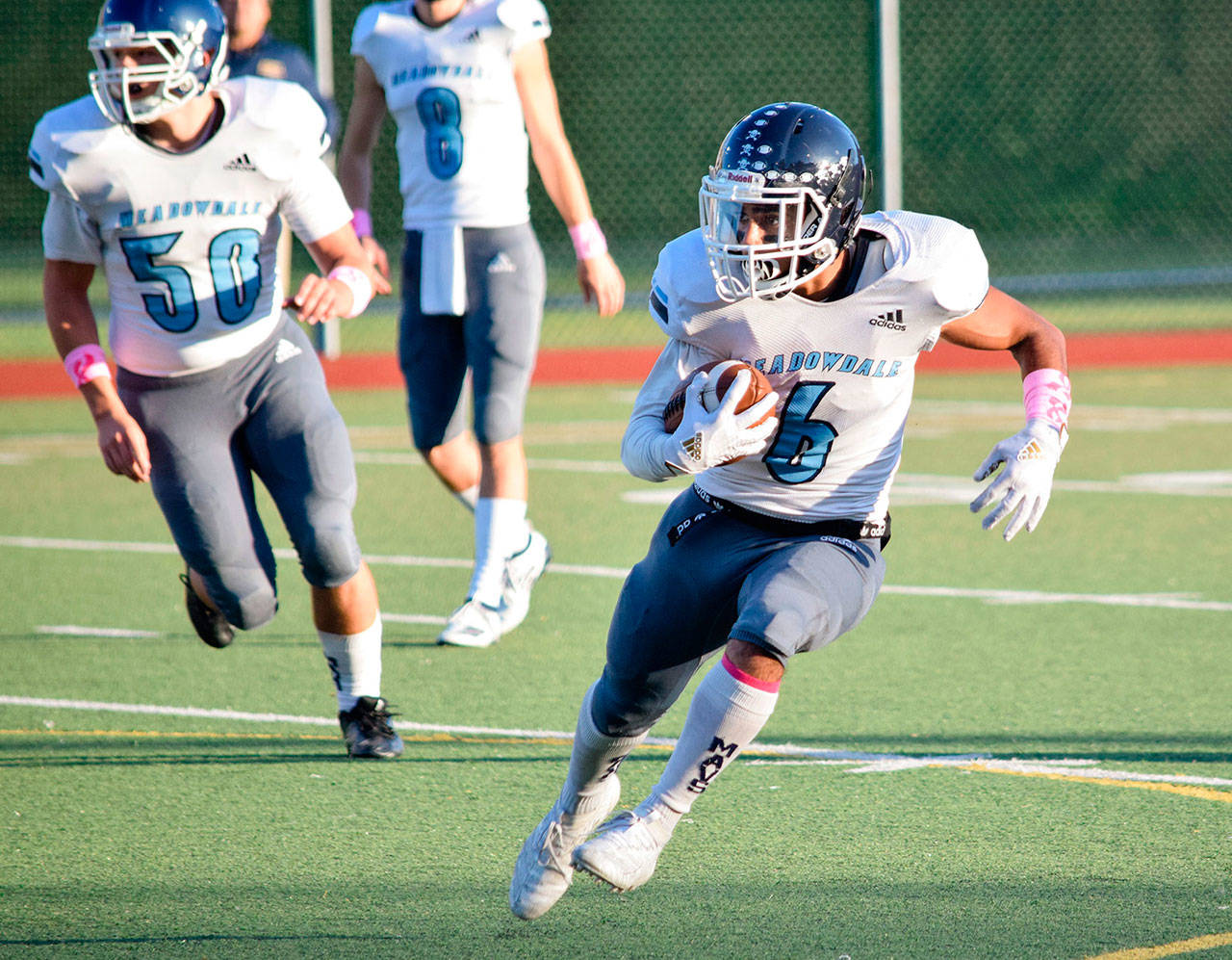 Senior running back Hussain Al-Mayyahi and his Meadowdale teammates play Shorecrest at 8 p.m. Friday at Edmonds Stadium. (Katie Webber / The Herald)