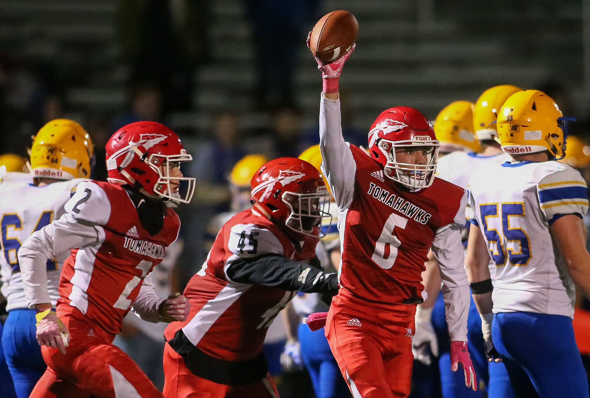 Marysville Pilchuck remained unbeaten and moved one step closer to the Wesco 3A North title with a 42-14 win over Ferndale on Friday night. (Kevin Clark / The Herald)