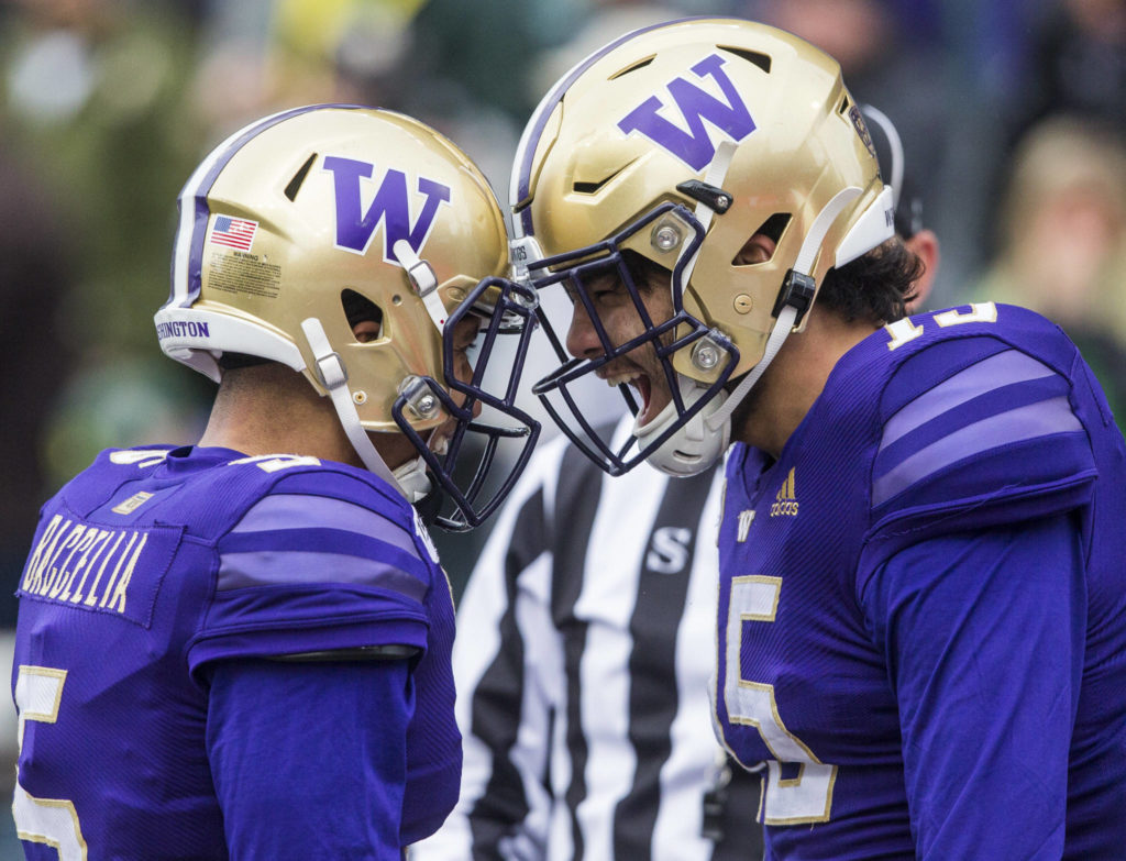 Washington Huskies’ Puka Nacua screams after a touchdown during the game against Oregon on Saturday, Oct. 19, 2019 in Seattle, Wash. (Olivia Vanni / The Herald)
